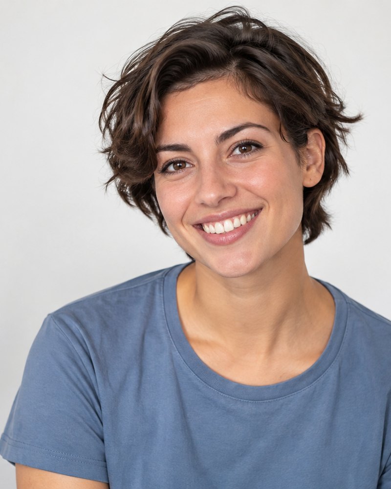 Beatriz Lopes, cabelo curto, camisa azul-sal lisa, estúdio claro